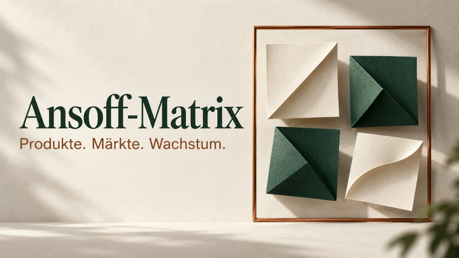 Themenbanner Ansoff-Matrix mit der Aufschrift Produkte. Märkte. Wachstum. im Editorialdesign von Marktdenker.