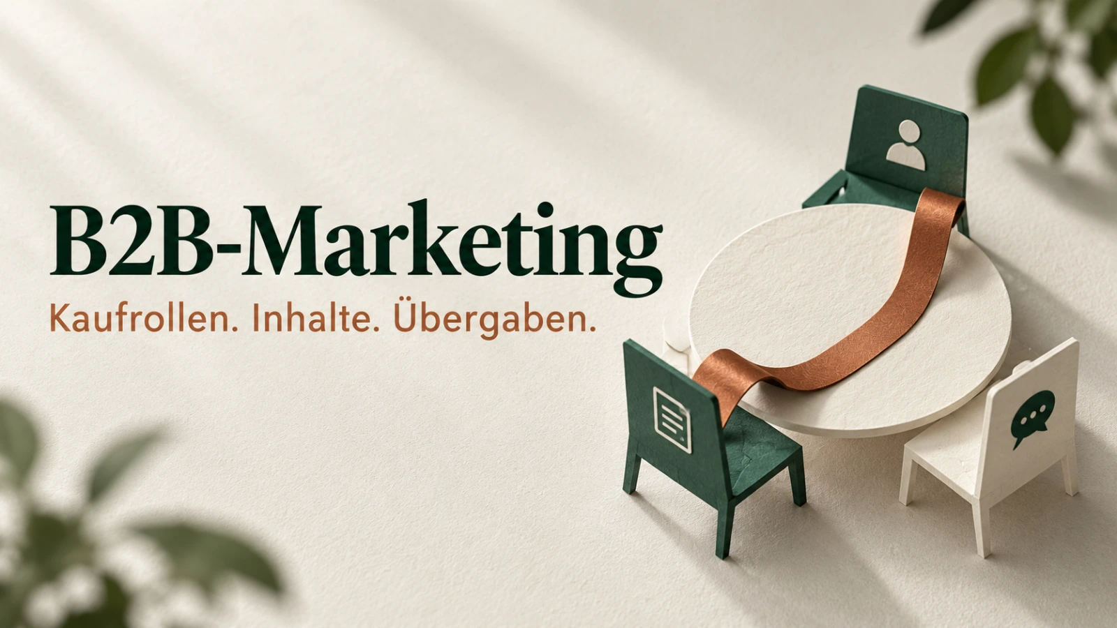 Themenbanner B2B-Marketing mit der Aufschrift Kaufrollen. Inhalte. Übergaben. und einem ruhigen Papiermotiv.