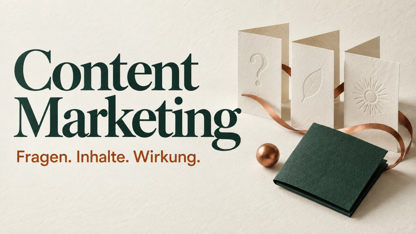 Content Marketing: Papierseiten, ein Buch und ein Kupferband mit der Aufschrift Fragen. Inhalte. Wirkung.