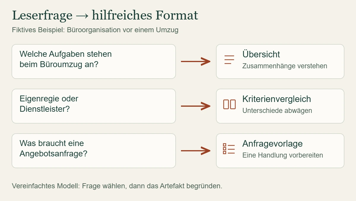 Drei Leserfragen zum Büroumzug führen zu einer Übersicht, einem Kriterienvergleich und einer Anfragevorlage
