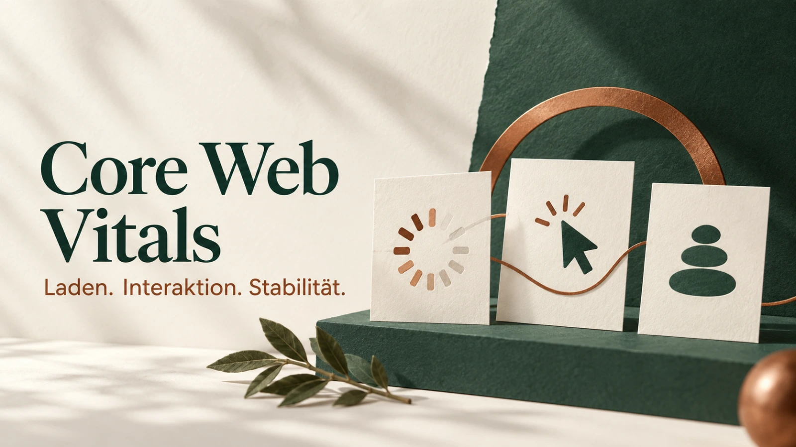 Core Web Vitals: Laden, Interaktion und Stabilität, dargestellt durch drei Papiermotive in Grün und Kupfer.