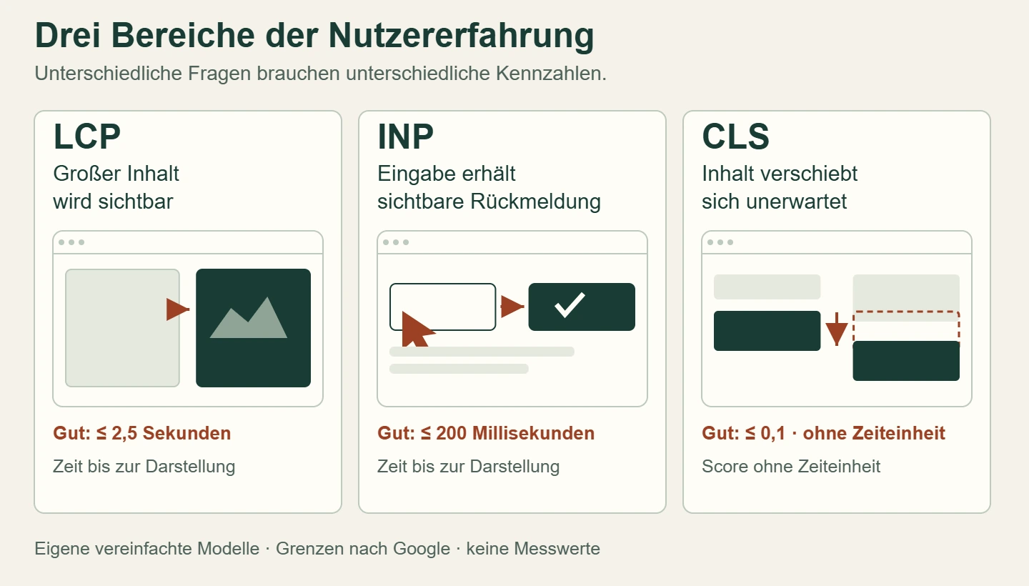 Drei vereinfachte Browsermodelle unterscheiden sichtbaren Inhalt bei LCP, Rückmeldung nach Eingabe bei INP und unerwartete Bewegung bei CLS; daneben stehen die guten Grenzwerte.