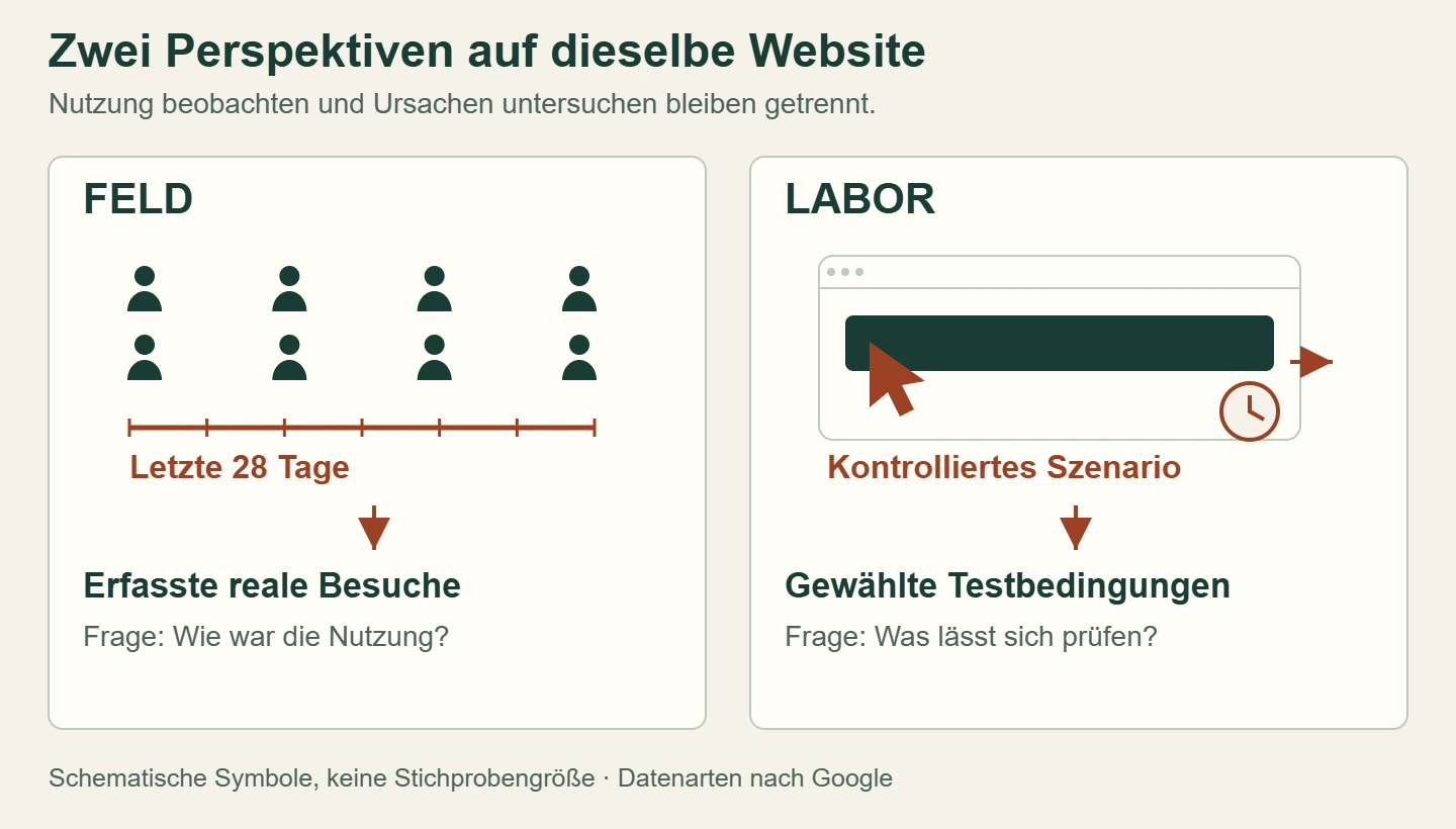 Viele symbolische reale Besuche fließen über 28 Tage in eine Feldbewertung; ein kontrollierter Laborlauf untersucht ein gewähltes Szenario. Beide führen zu verschiedenen Erkenntnissen.