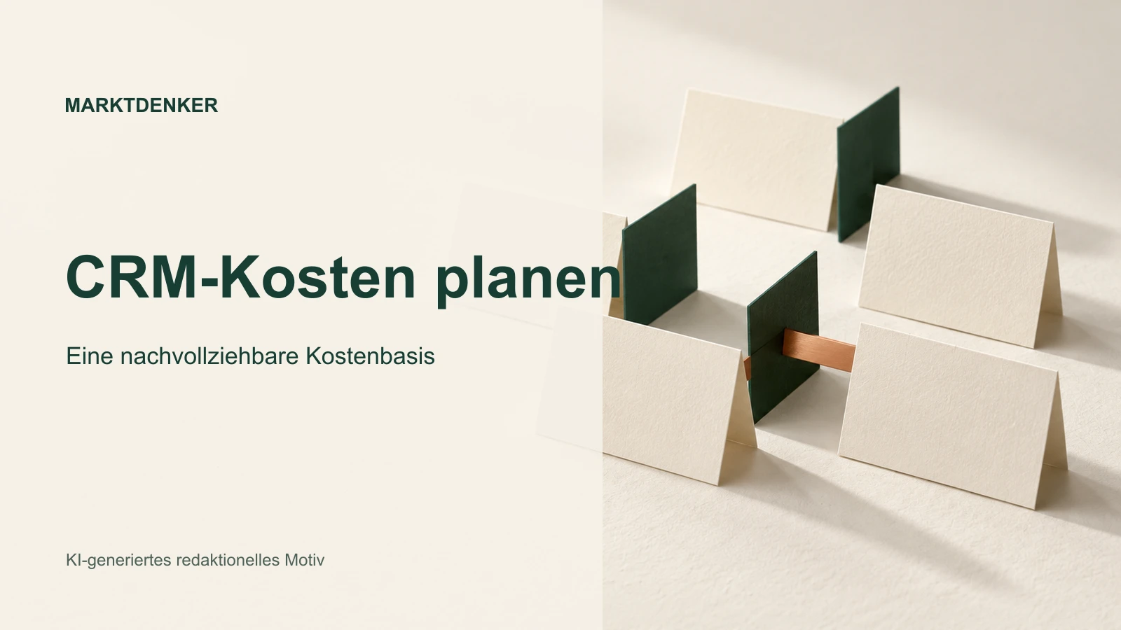 Papierkarten und grüne Trennflächen als redaktionelles Motiv für ein CRM-Budget.