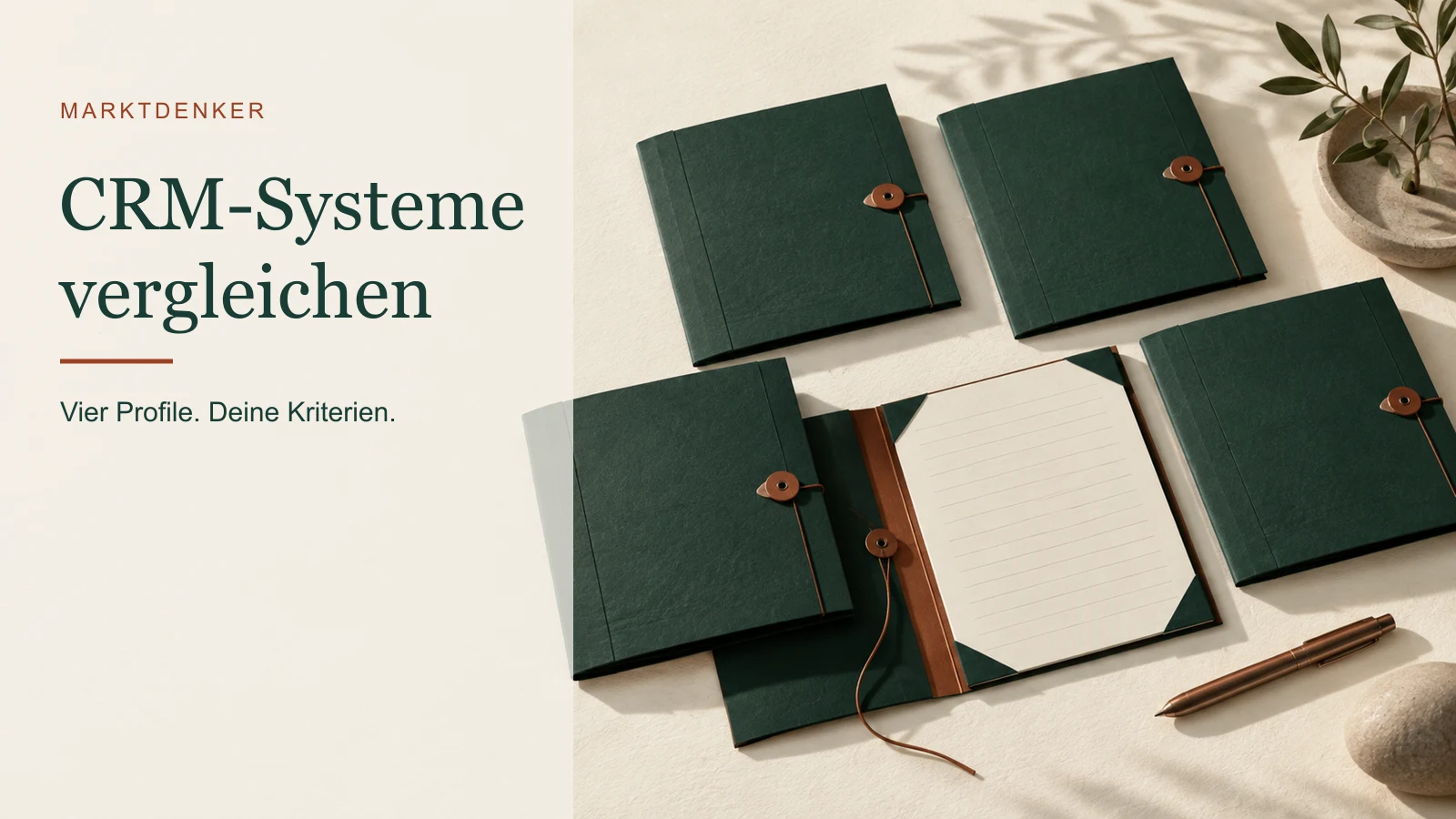 Vier gleich betrachtete grüne Papierakten und eine offene Auswahlvorlage als redaktionelle Metapher.