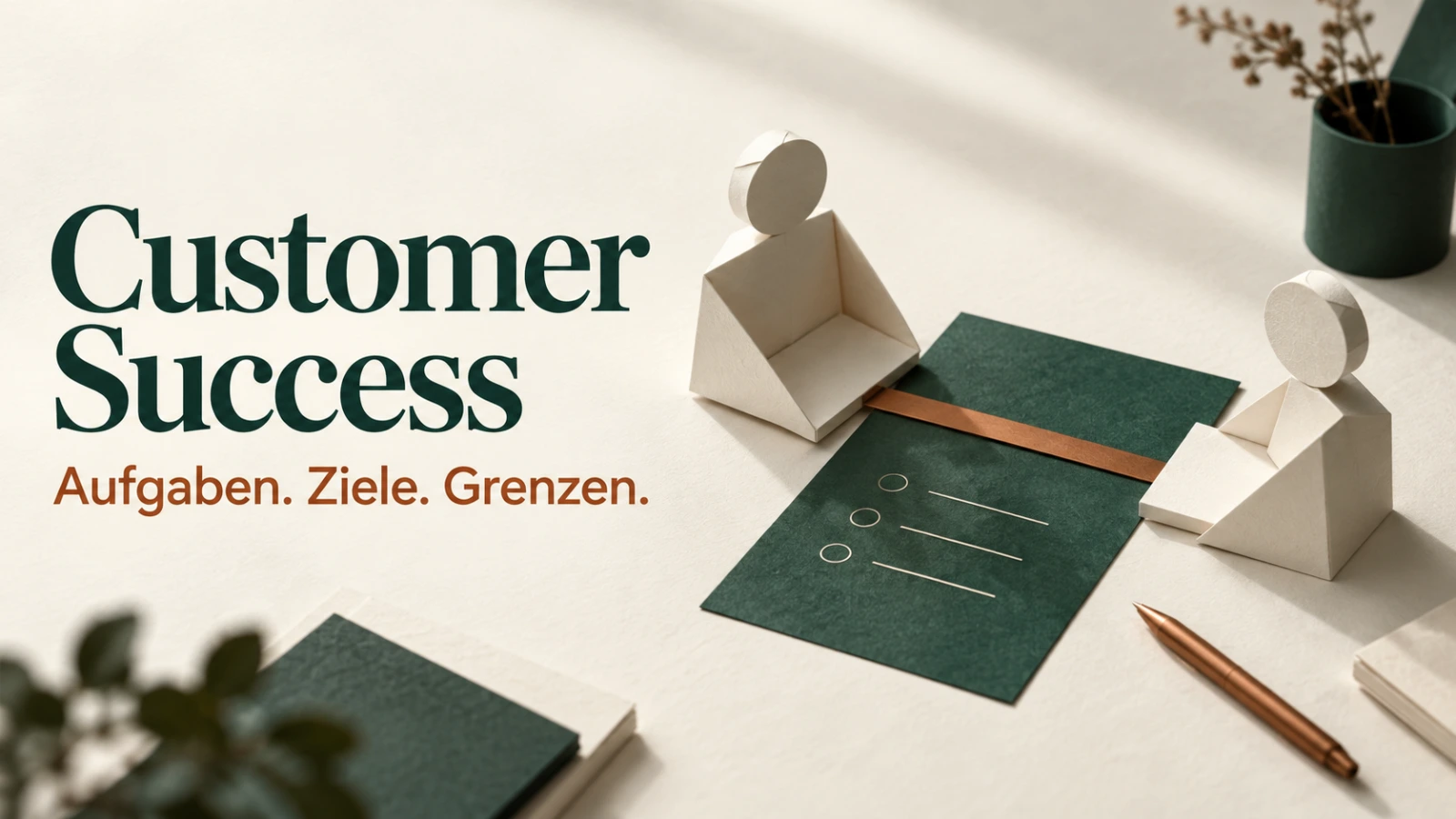 Customer Success: Aufgaben, Ziele und Grenzen, dargestellt durch zwei Papierfiguren an einer gemeinsamen Aufgabenkarte.