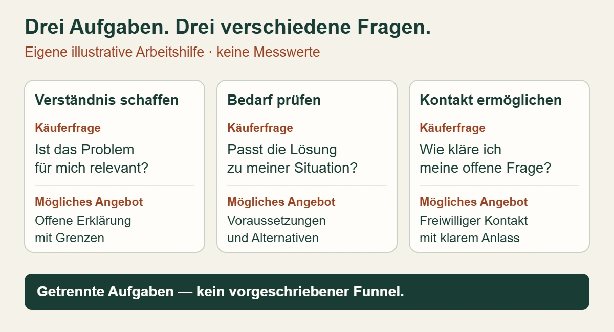 Eigene Planungshilfe mit drei getrennten Aufgaben: Verständnis schaffen, einen konkreten Bedarf prüfen und einen gewünschten Kontakt ermöglichen.