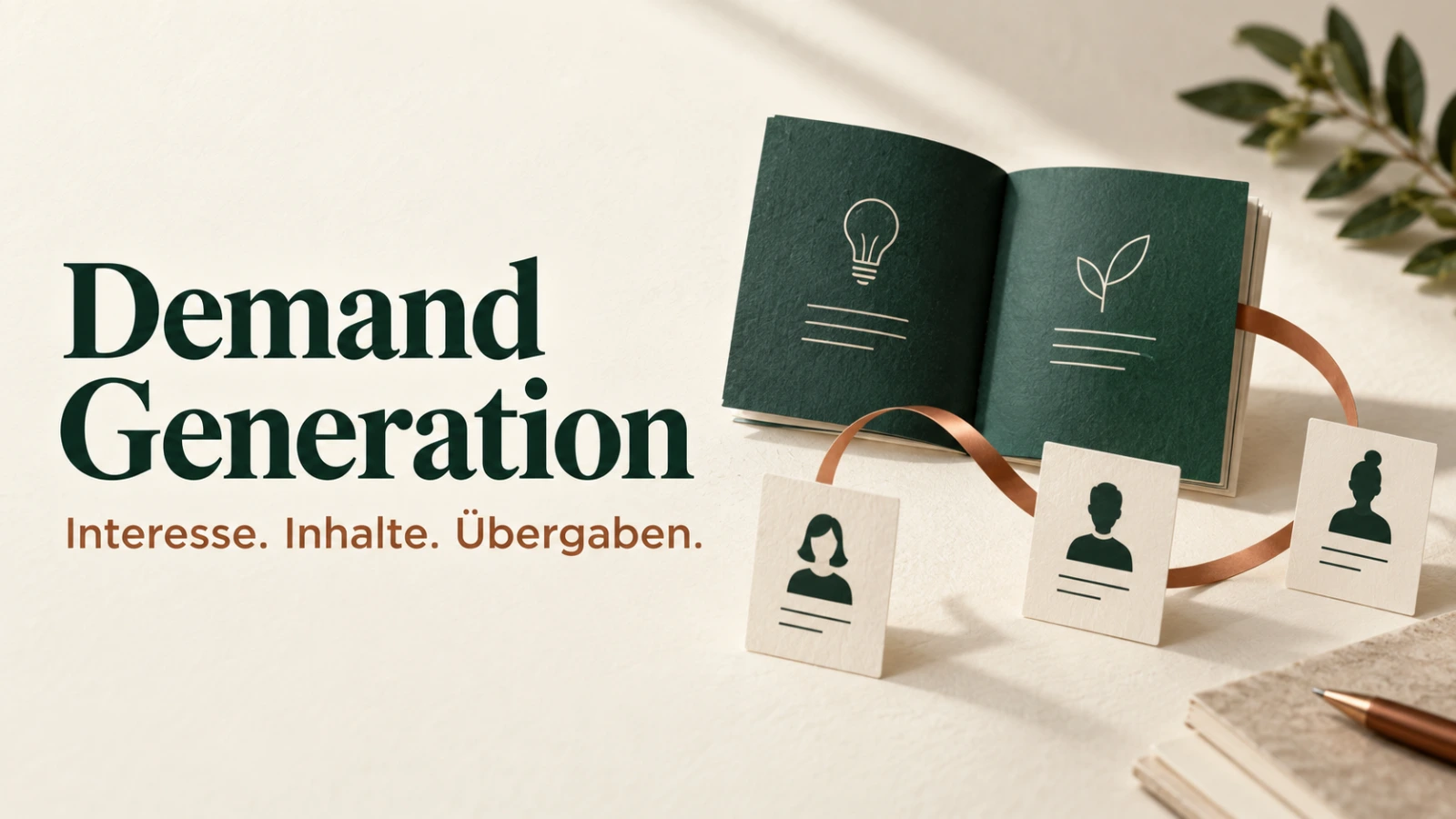 Themenbanner Demand Generation: Interesse. Inhalte. Übergaben. Offene Papierseiten und abstrakte Karten stehen für Informationen und Austausch.