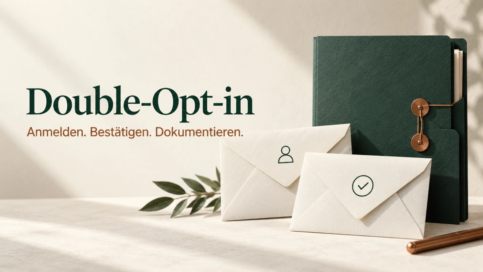 Double-Opt-in: Anmelden, bestätigen und dokumentieren; zwei Papierumschläge neben einer grünen Aktenmappe.