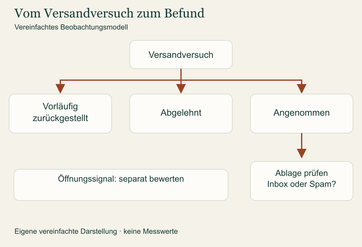 Versandversuch mit drei möglichen Statusbefunden; nach Annahme bleibt die Ablage eine eigene Frage.