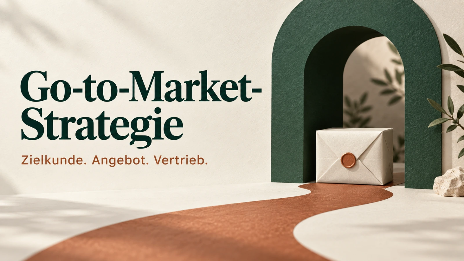 Papierpaket vor einem grünen Tor, mit der Aufschrift Go-to-Market-Strategie und Zielkunde. Angebot. Vertrieb.