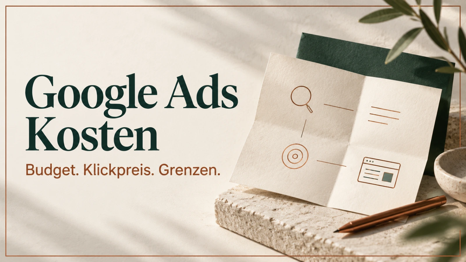 Themenbanner Google Ads Kosten mit der Aufschrift Budget. Klickpreis. Grenzen. und einem gefalteten Papiermotiv.