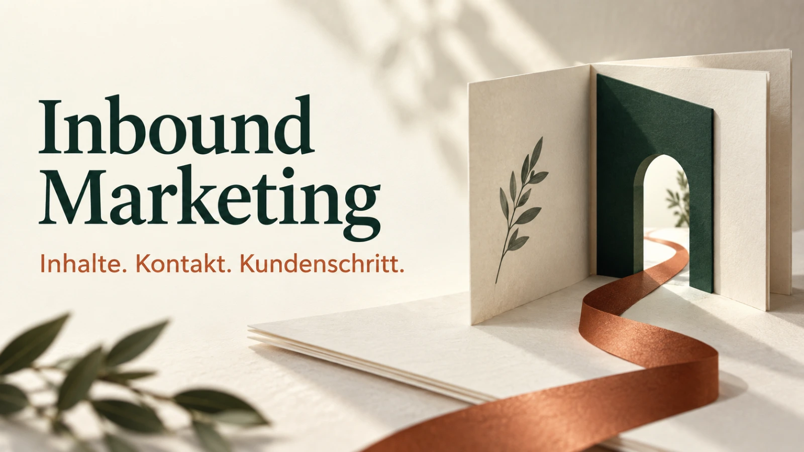 Papierbuch, grüner Durchgang und Kupferband mit der Aufschrift Inbound Marketing: Inhalte, Kontakt, Kundenschritt.