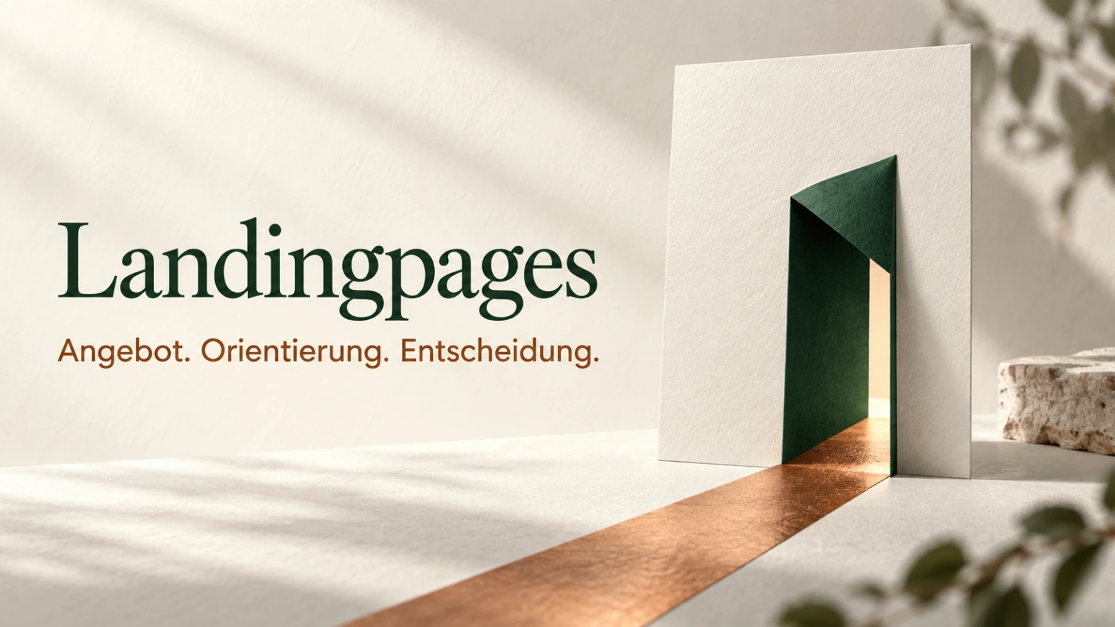 Landingpages: ruhiges Themenmotiv mit der Aufschrift Angebot. Orientierung. Entscheidung.