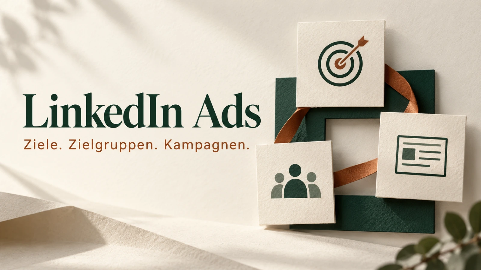 LinkedIn Ads: Papierformen verbinden Ziele, Zielgruppen und Kampagnen im Marktdenker-Stil.