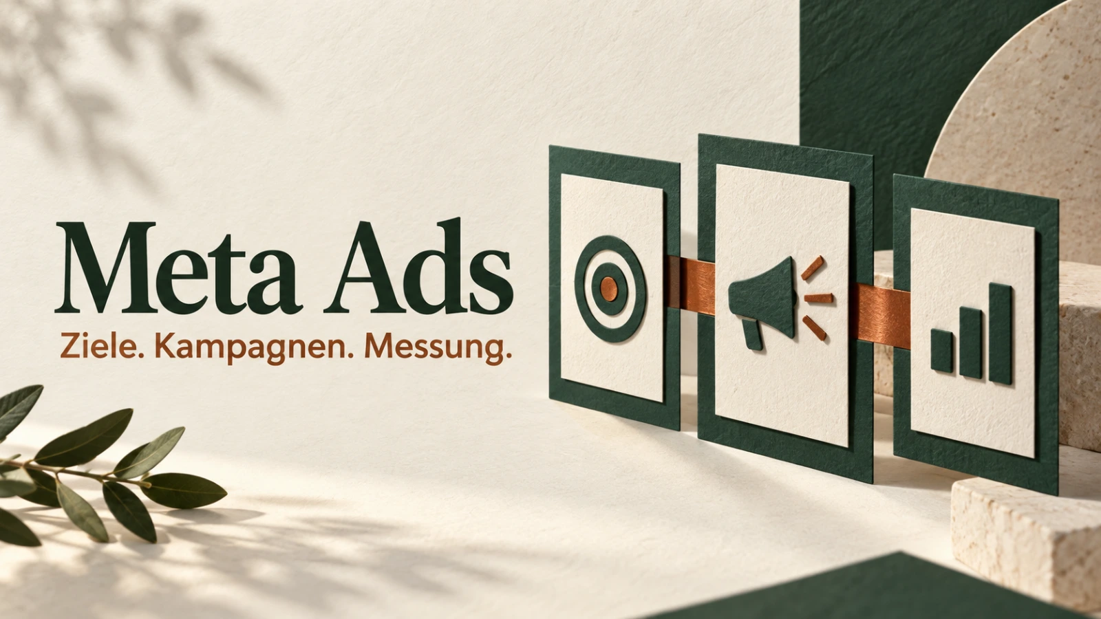 Papierfelder mit Ziel-, Anzeigen- und Messsymbolen sowie der Aufschrift Meta Ads: Ziele, Kampagnen, Messung.