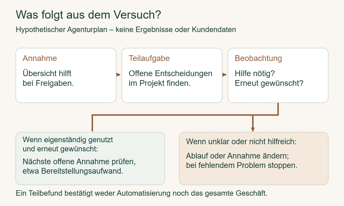 Hypothetischer Testplan: Freigabenübersicht verwenden, selbstständige Nutzung und Wiederholungswunsch beobachten, danach weiterprüfen oder die Annahme ändern.