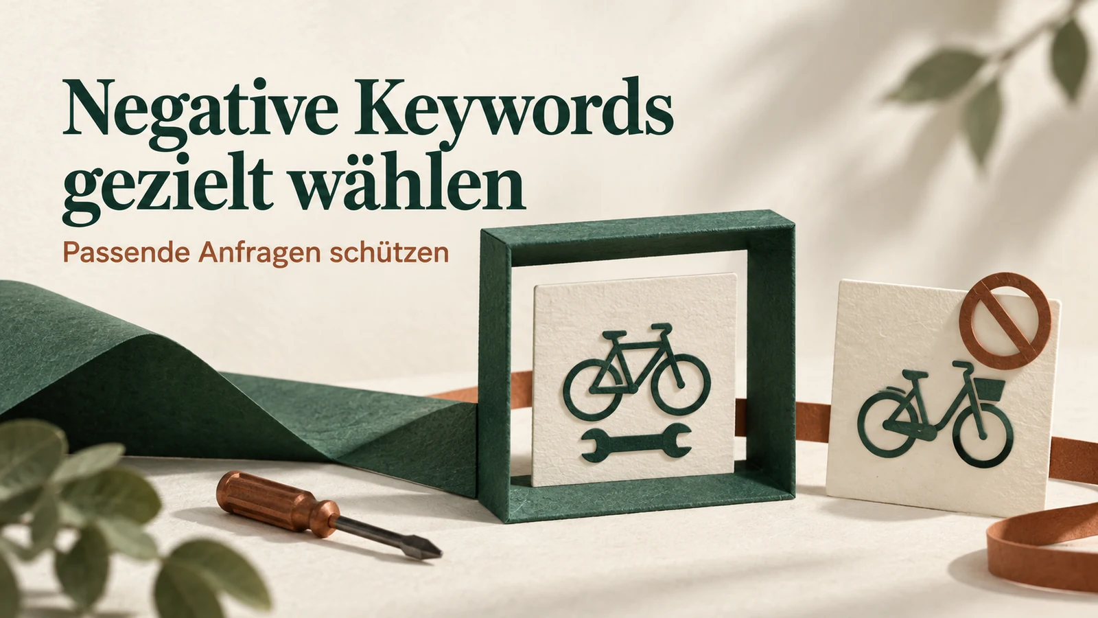 Negative Keywords gezielt wählen: Fahrradreparatur im grünen Rahmen, Mietfahrrad außerhalb; passende Anfragen schützen.