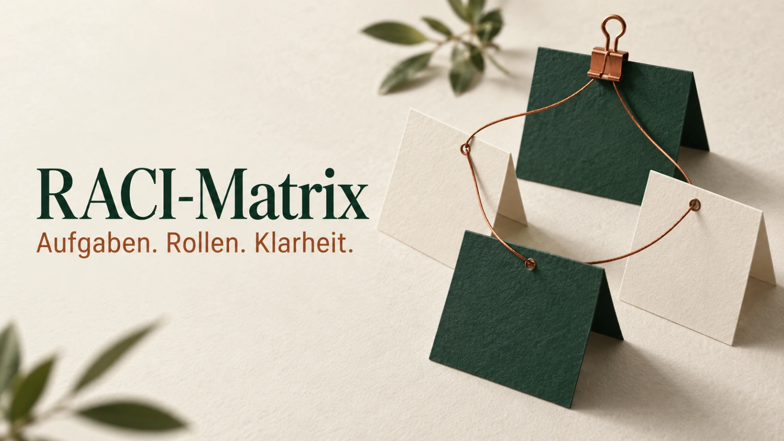 Papierfelder und Verbindungslinien mit der Aufschrift RACI-Matrix: Aufgaben, Rollen, Klarheit.