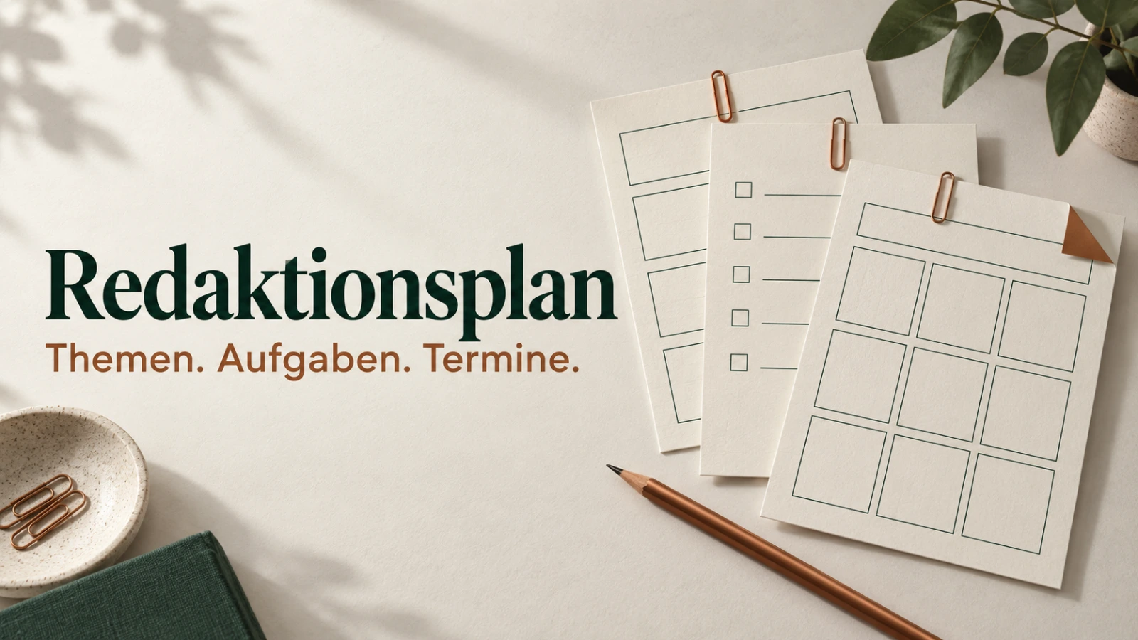 Redaktionsplan als beschriftete Papierlandschaft mit geordneten Themenkarten in der Marktdenker-Farbwelt