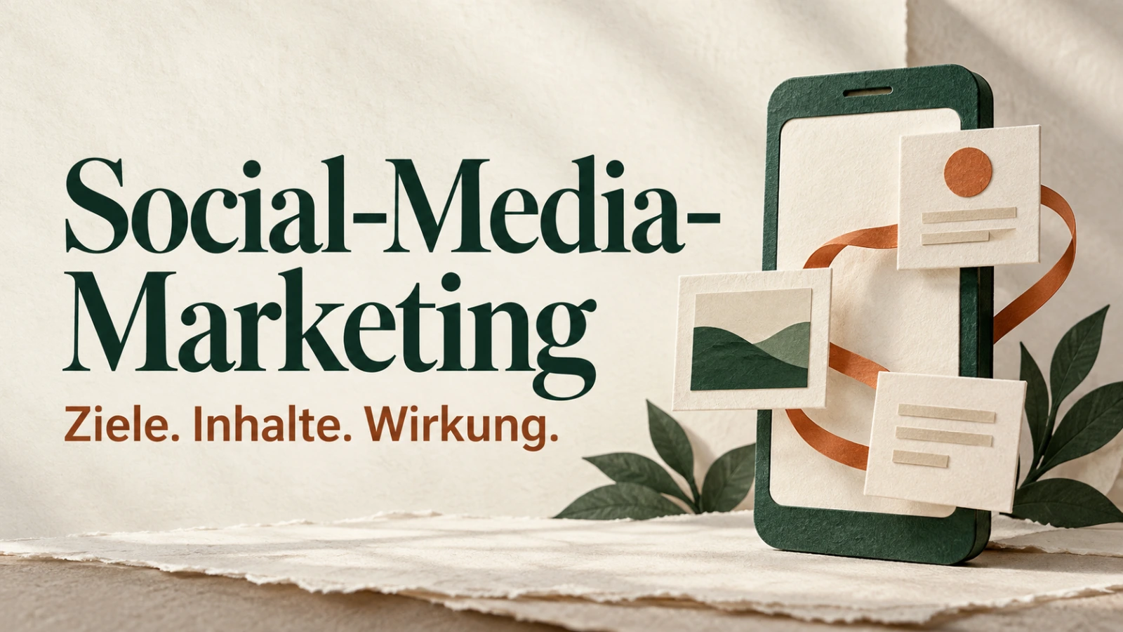 Ein ruhiger Arbeitsbereich mit Smartphone und verbundenen Inhaltskarten; Aufschrift: Social-Media-Marketing.
