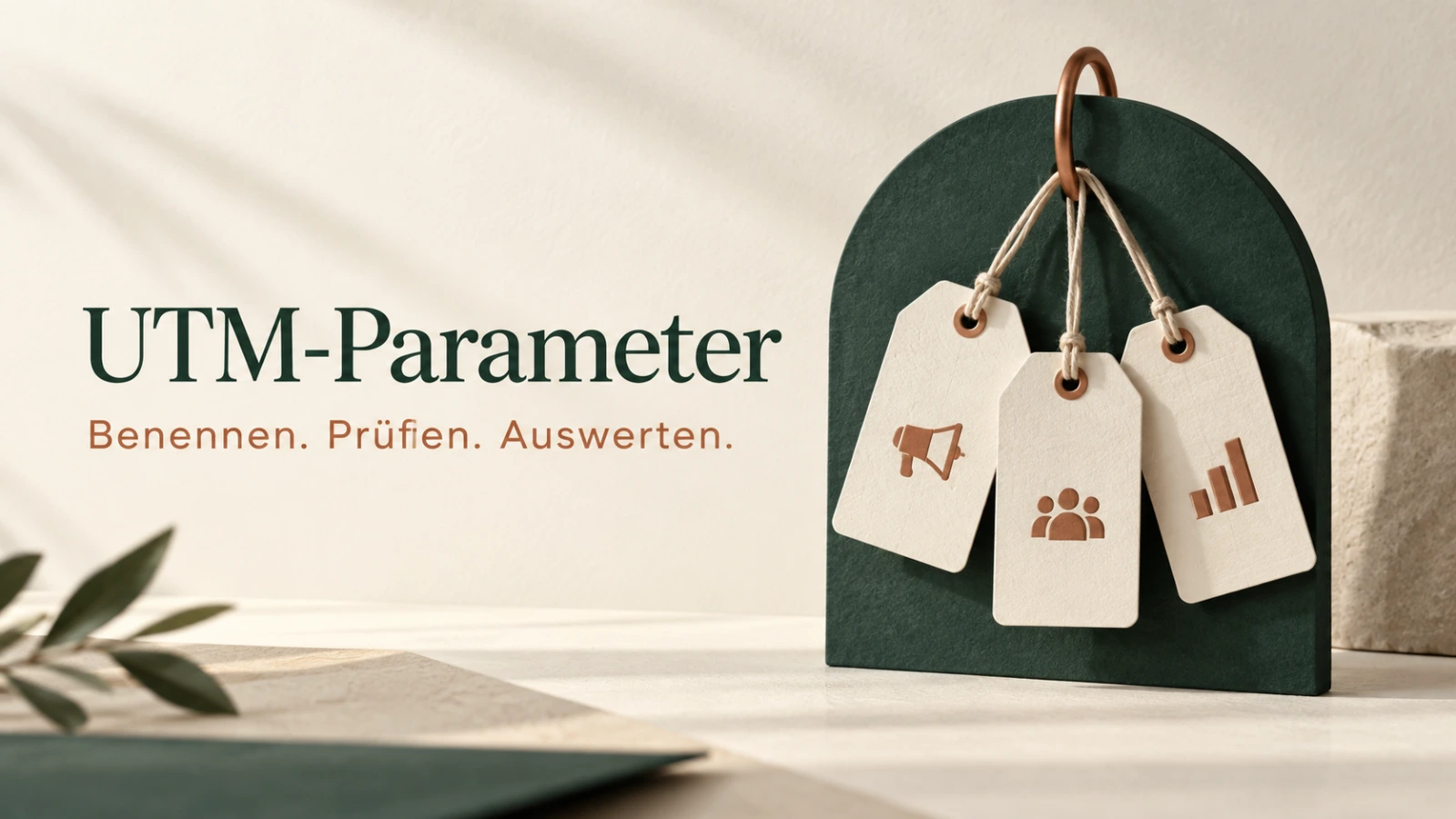 UTM-Parameter: Benennen, Prüfen und Auswerten, dargestellt durch Papieretiketten im Marktdenker-Design