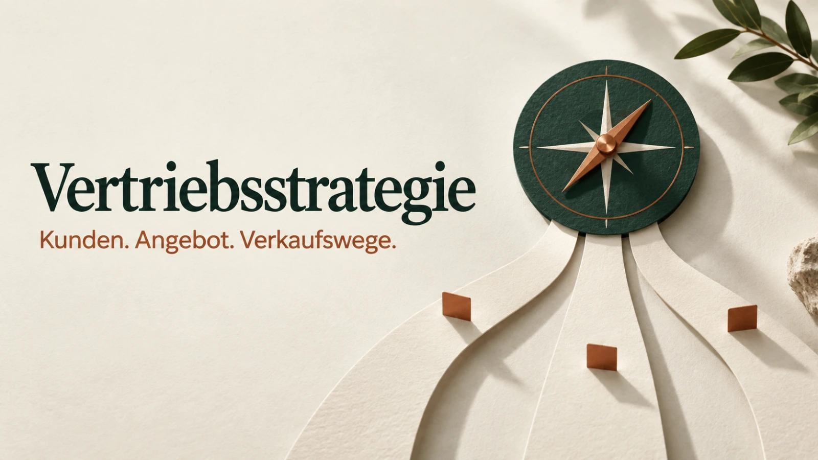 Vertriebsstrategie: Kunden, Angebot und Verkaufswege, dargestellt durch einen Papierkompass und drei Wege